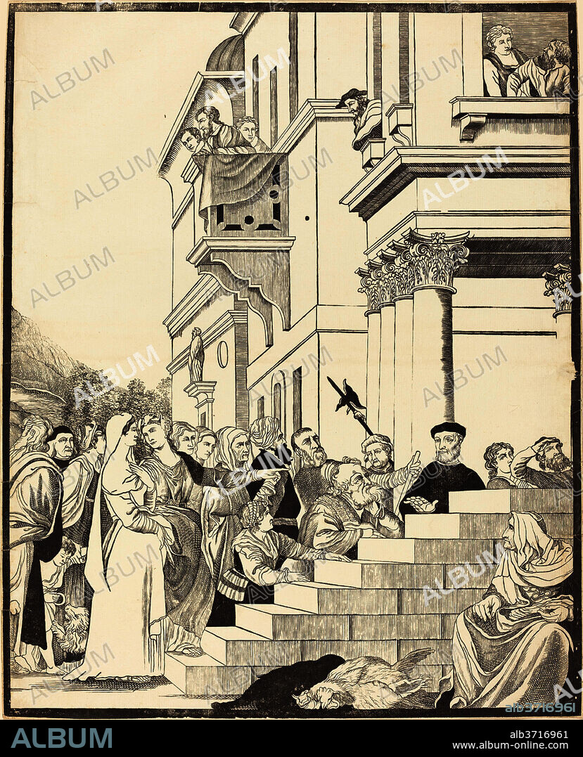 JOHN BAPTIST JACKSON AFTER TITIAN. Presentation of the Virgin in the Temple [center plate]. Dated: 1742. Medium: chiaroscuro woodcut in black [trial proof of key block].