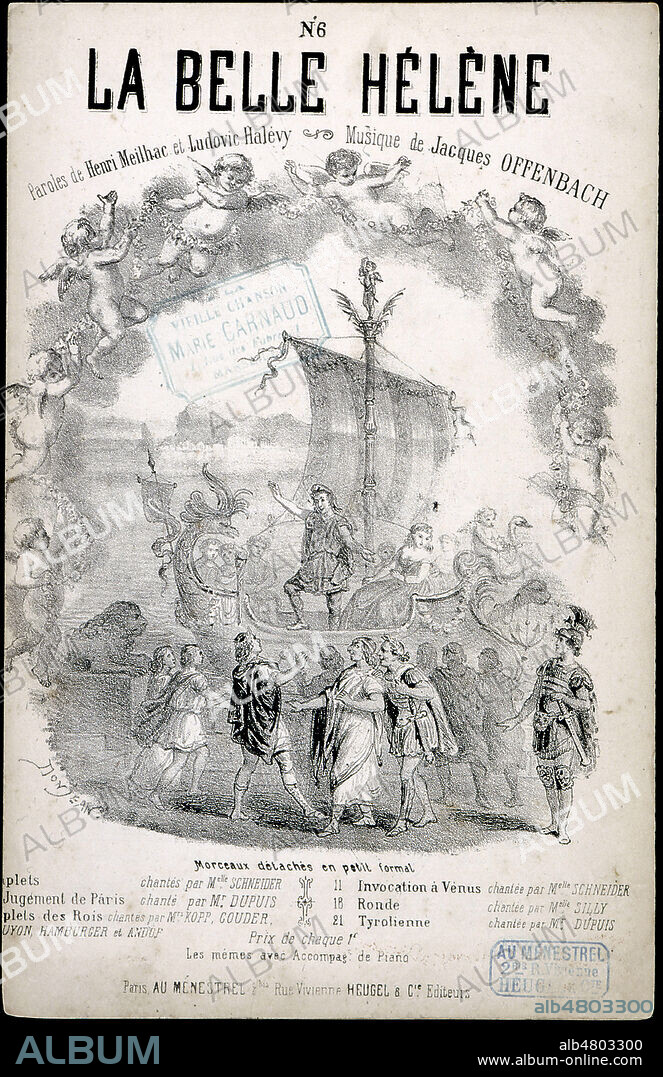 La belle Helene. Paroles de Henri MEILHAC et Ludovic HALEVY Musique de Jacques OFFENBACH (1819-1880). Couverture de Partition illustree par Gustave DONJEAN (1800-1899) vers 1864. Credit : Collection KHARBINE-TAPABOR.