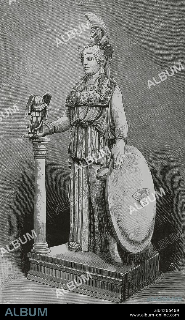 Reproducción de la estatua realizada por el escultor clásico griego Fidea de la diosa Atenea (La Minerva romana), conocida por"Atena Partenos". Grabado por Rico. La Ilustración Española y Americana,8 de marzo de 1881.