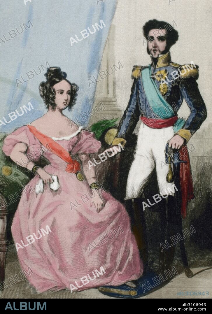 PEDRO III (Lisboa, 1717-Lisboa, 1786). Rey consorte de Portugal (1777-1786), hijo de Juan V y hermano de José I. En 1760 se casó con la hija de éste, MARIA I DE BRAGANZA, (Lisboa, 1734-Rio de Janeiro, 1816). Reina de Portugal (1777-1816). "DON PEDRO Y SU ESPOSA DOÑA MARIA". Grabado coloreado del siglo XIX.