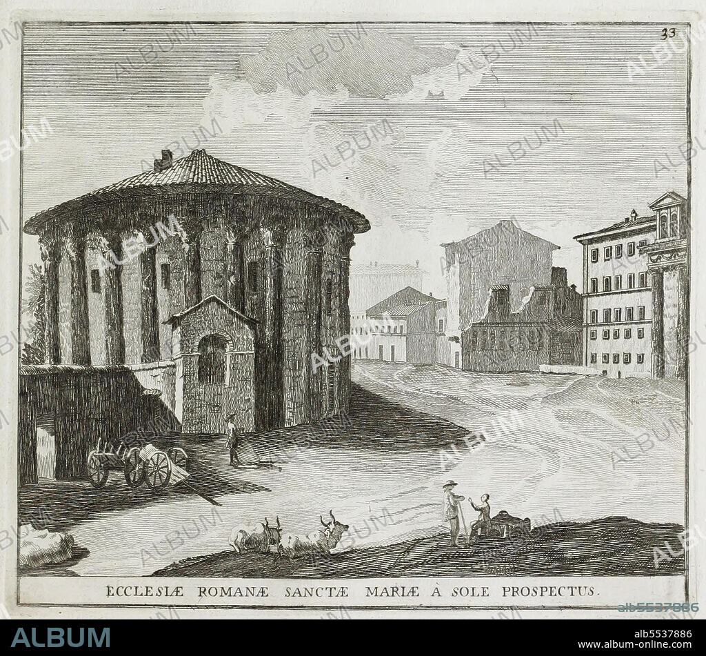 Die Kirche Santa Maria del Sole war eine Kirche in Rom, im Stadtteil Ripa, an der Piazza Bocca della Verit, erbaut im Tempel des Herkules des Siegers. Mit der Wiederherstellung des alten Denkmals wurde die Kirche entweiht, historisches Rom, Italien, Calcografia di Roma, Serafino Giovannini, 1779 .