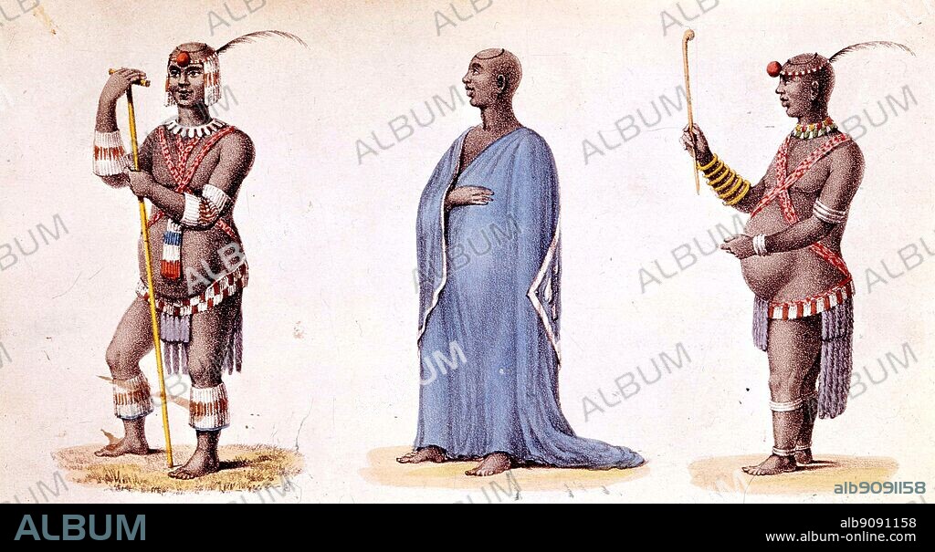 Dingaan (Dingane) in his ordinary dancing dress. Dingane kaSenzangakhona (ca.1795-1840) was a Zulu chief who became king in 1828. He came to power after assassinating his half-brother Shaka with the help of another brother, Umthlangana, as well as Shaka's advisor Mbopa. The Zulu Kingdom played a major role in South African history during the 19th century. Dingiswayo.