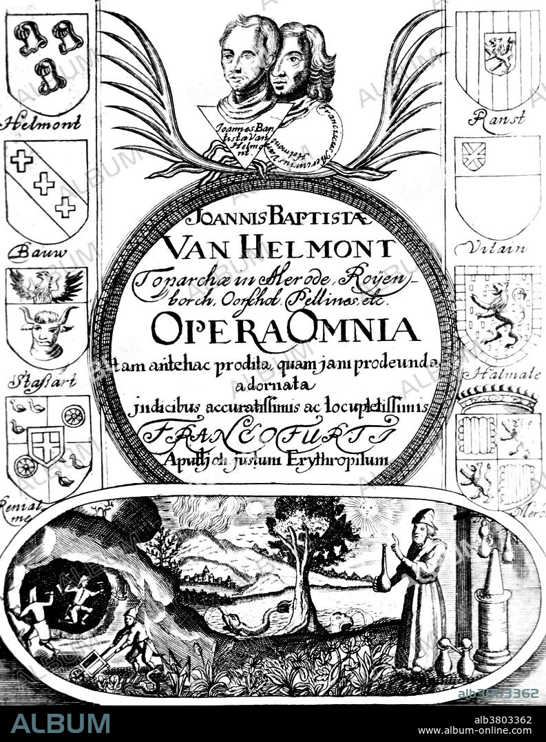 Title page of van Helmont's, Opera Omnia. The Complete Works is a collection of all the works of one artist, writer, musician or group.Jan Baptist van Helmont (January 12, 1580 - December 30, 1644) was a Flemish chemist, physiologist, and physician. He married well and retired early from his medical practice and occupied himself with chemical experiments. He is sometimes considered to be "the founder of pneumatic chemistry" as he was the first to understand that there are gases distinct in kind from atmospheric air. The very word "gas" he claimed as his own invention, and he perceived that his "gas sylvestre" (carbon dioxide) given off by burning charcoal, was the same as that produced by fermenting must, which sometimes renders the air of caves unbreathable. For Van Helmont, air and water were the two primitive elements. To determine where plants get their mass he grew a willow tree in a pot and measured the amount of soil, the weight of the tree and the water he added. After five years the plant had gained about 164 pounds. He argued believed that water was the source of the extra mass and the plant's source of life. He also wrote extensively on the subject of digestion and believed that digestion was aided by a chemical reagent, or "ferment", within the body, such as inside the stomach. He died in 1644 at the age of 65.