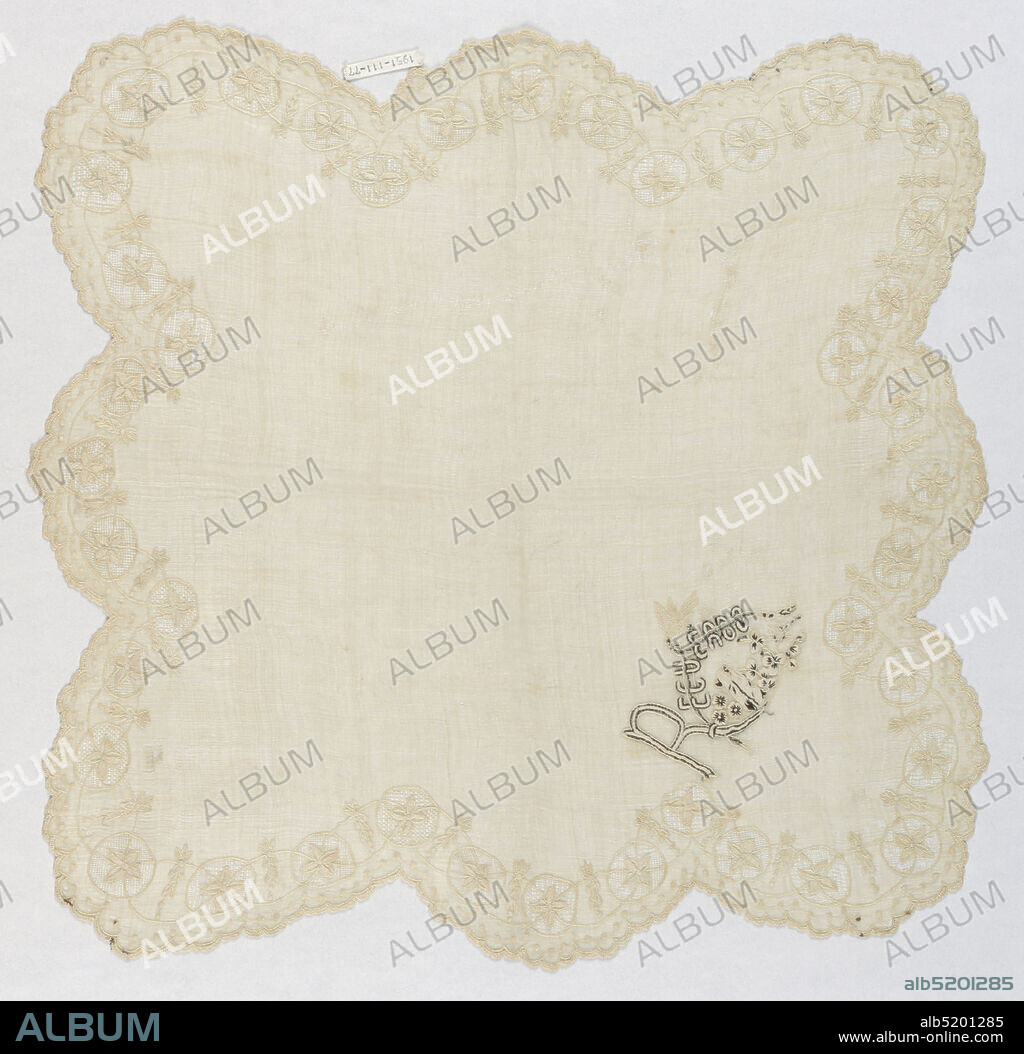 Handkerchief, Medium: piña (pineapple) fiber, cotton Technique: embroidery and drawnwork on plain weave, Handkerchief in piña cloth with scalloped edge, buttonholed and with border of flowering vine, embroidered in cotton, crossing circles of drawnwork. Corner in black and white with word: 'Recuerdo' with bird above and small dog or cat below flowers., Philippines, 19th century, embroidery & stitching, Handkerchief.