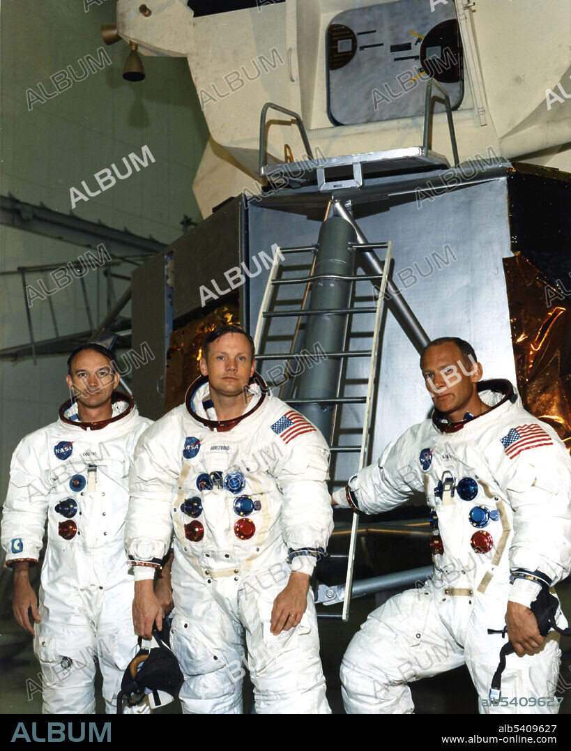 As the Apollo 11 astronauts rehearse their lunar landing mission in simulators, they pause in front of a lunar module mockup in the Flight Crew Training Building area. From left, are Command Module Pilot Michael Collins, Commander Neil A. Armstrong, and Lunar Module Pilot Edwin E. Aldrin, Jr. Apollo 11 was the spaceflight that landed the first two people on the Moon. Commander Neil Armstrong and lunar module pilot Buzz Aldrin landed the Apollo Lunar Module Eagle on July 20, 1969. Armstrong became the first person to step onto the lunar surface six hours later on July 21; Aldrin joined him 19 minutes later. They spent about two hours together outside the spacecraft, and collected 47.5 pounds of lunar material to bring back to Earth. Command module pilot Michael Collins flew the command module Columbia alone in lunar orbit while they were on the Moon's surface. Armstrong and Aldrin spent 21.5 hours on the lunar surface before rejoining Columbia in lunar orbit.