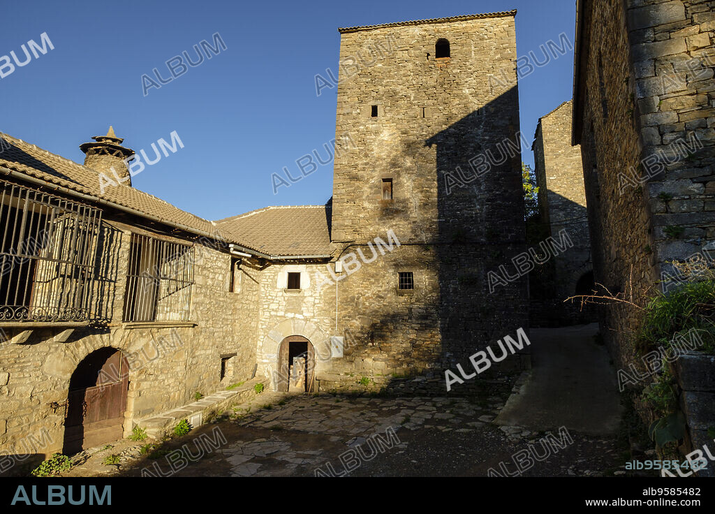 Agustín House Tower, 16th century, Bergua, uninhabited village, Sobrarbe, Huesca, Aragon, Pyrenees mountain range, Spain.