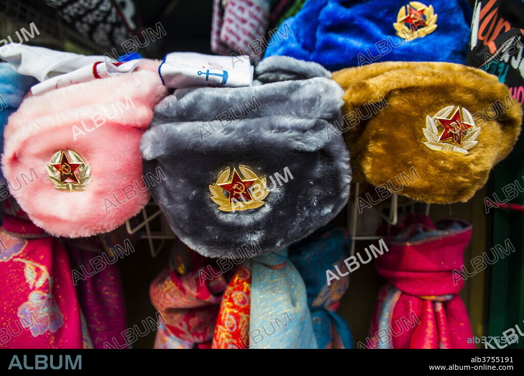 Soviet fur hats for sale in Peterhof Petrodvorets St