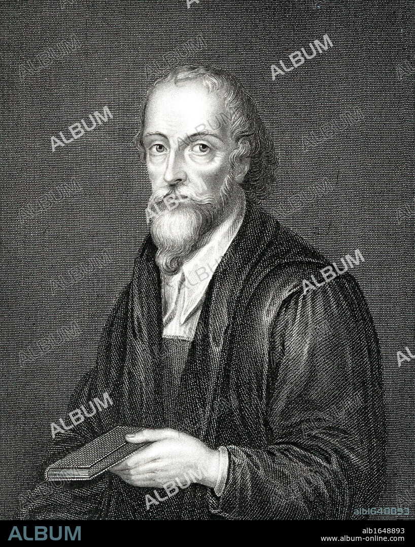 Nicholas Ridley (c1500-1555) English Protestant martyr. burned for heresy with Latimer at Oxford.  Engraving.