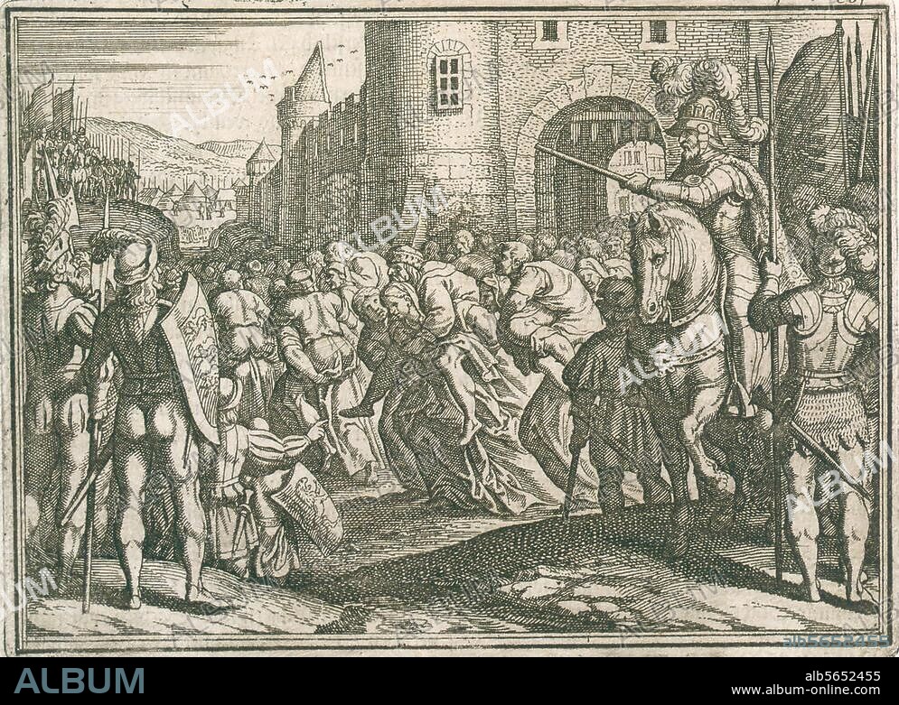 Literatur / Sagen / Die Weiber von Weinsberg (König Konrad III. belagert 1140 die Stadt Weinsberg. Die Frauen, denen freier Abzug und Mitnahme ihrer Habe gewährt wurde, tragen ihre Männer). "Die Weiber von Weinsberg". Kupferstich von Matthäus Merian d. Ä. (1593-1650). Aus: J.L.Gottfried, Historische Chronica, Frankfurt 1630, S. 536. Berlin, Sammlung Archiv für Kunst und Geschichte.