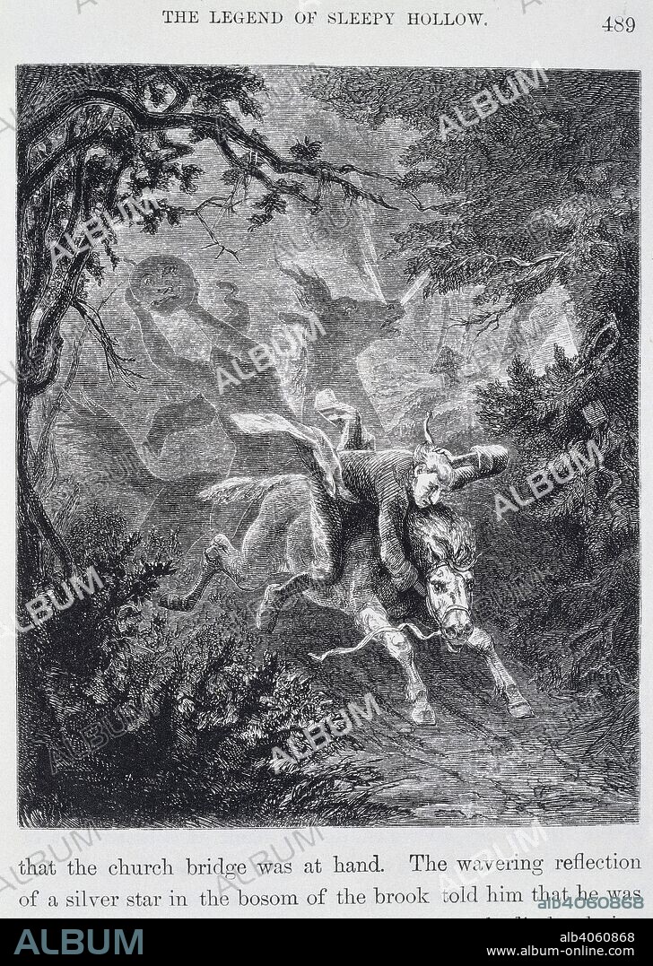 WASHINGTON IRVING. Ichabod Crane riding his horse, Gunpowder, being chased by the headless horseman, a ghost. The legend of sleepy hollow. The Sketch book of Geoffrey Crayon, Gent. Artist's. Bell & Daldy; London,1865. Folk tale. Short story. Phantom. Source: 12355.g.8, 489. Language: English.