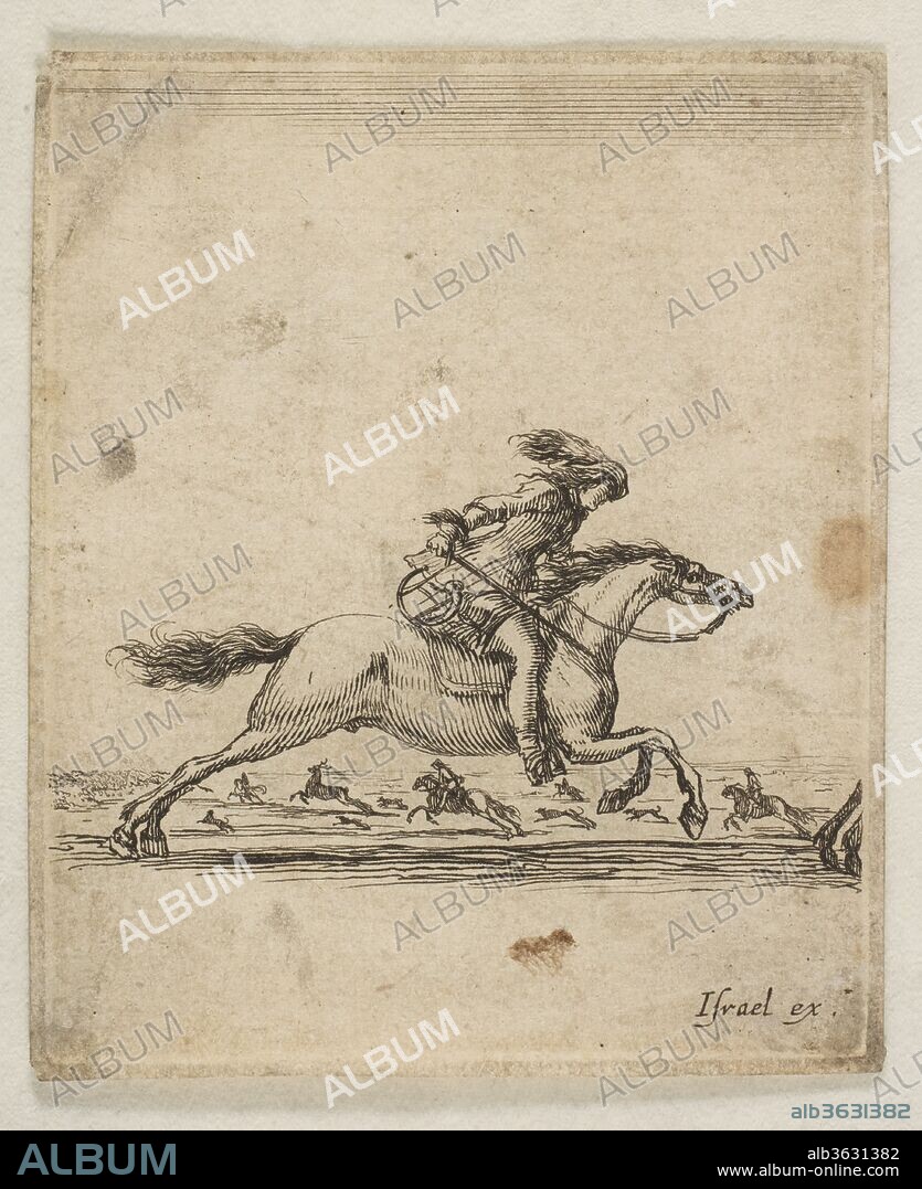 A horseman with sword in hand galloping towards the right, other horsemen galloping towards the left in the background, from 'Various cavalry exercises' (Diverses exercices de cavalerie). Artist: Stefano della Bella (Italian, Florence 1610-1664 Florence). Dimensions: Sheet (trimmed): 3 9/16 in. × 3 in. (9 × 7.6 cm). Publisher: Israël Henriet (French, Nancy ca. 1590-1661 Paris). Series/Portfolio: 'Various cavalry exercises' (Diverses exercices de cavalerie). Date: ca. 1645-46.