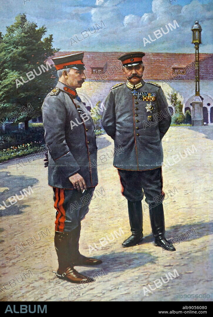 Painting depicting Wilhelm II with Paul von Hindenburg. Wilhelm II (1859-1941) the last German Emperor and King of Prussia. Paul Ludwig Hans Anton von Beneckendorff und von Hindenburg (1847-1934) a German field marshal and commander of the Imperial German Army during World War I.