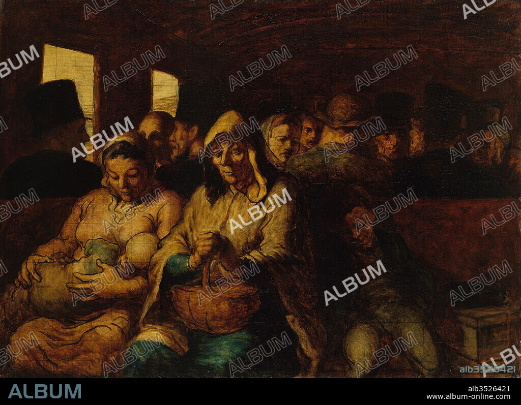 The Third-Class Carriage, ca. 1862–64, Oil on canvas, 25 3/4 x 35 1/2 in. (65.4 x 90.2 cm), Paintings, Honoré Daumier (French, Marseilles 1808–1879 Valmondois), As a graphic artist and painter, Daumier chronicled the impact of industrialization on modern urban life in mid-nineteenth-century Paris. Here, he amplifies the subject of a lithograph made some ten years earlier: the hardship and quiet fortitude of third-class railway travelers.