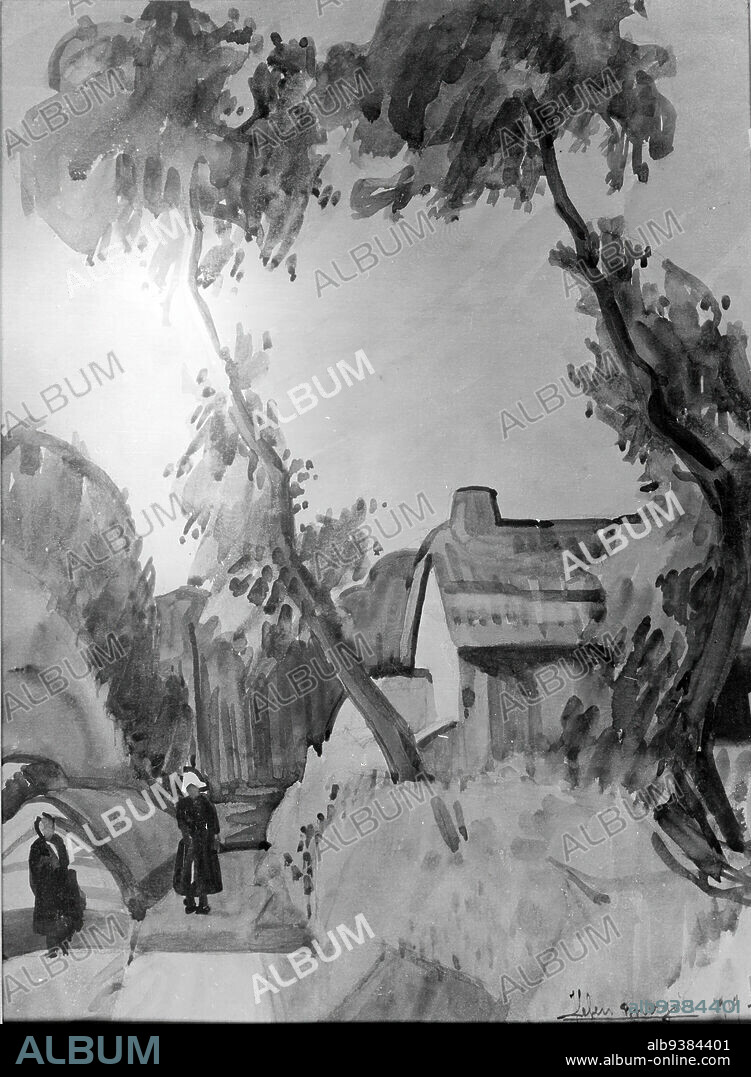 Vendeen Lane, Jean Leleu-Bourgoin, Watercolor, 12 13/16 x 9 1/2 in., 32.5 x 24.1 cm, landscape, painterly, trees, watercolor painting.