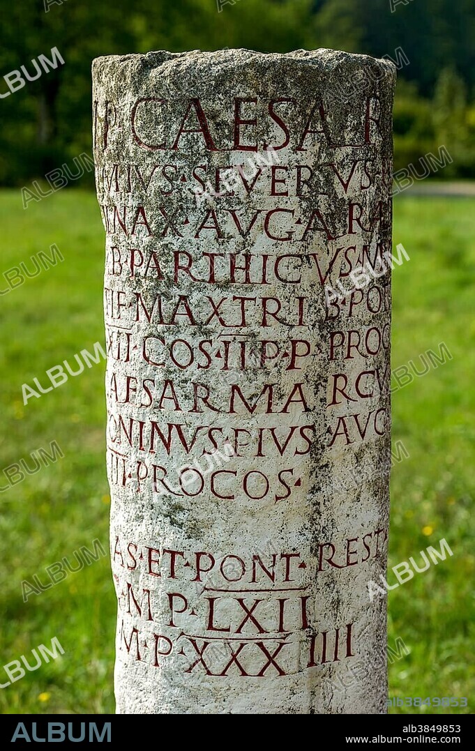 Roman milestone, Roman fort Pfünz, Castra Vetoniana or Vetonianae, Roman fort Pfünz, Raetian Limes, Walting, Eichstätt, Upper Bavaria, Bavaria, Germany, Europe.