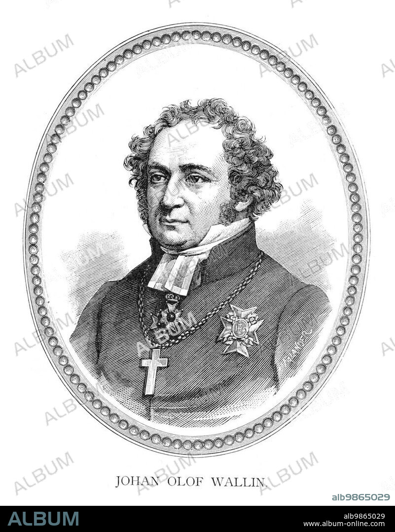 Johan Olof Wallin (15 October 1779) (30 June 1839), was a Swedish minister, orator, poet and later Archbishop of Uppsala, Sweden. He is most remembered today for his hymns. Engraving by Ida Falander (1842-1927), published in Starbäck, Bäckström: Berättelser ur Svenska Historien ca 1880.