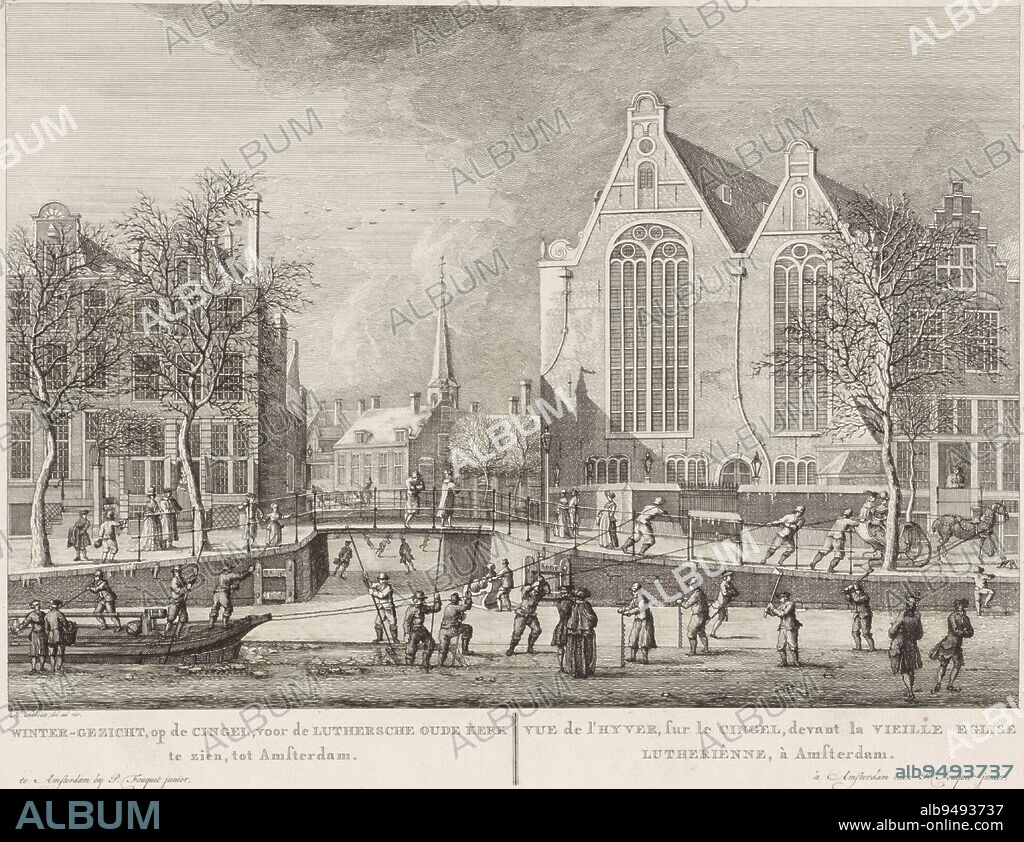 Winter view of the Singel, in front of the Old Lutheran Church in Amsterdam. Behind the lock the Boerenverdriet, towards the Spui, people are skating. In the Singel, men are chopping and sawing open the ice for a train barge. On the street a number of spectators and a sleigh. Beneath the image the title in Dutch and French, Wintergezicht op de Singel, voor de Oude Lutherse Kerk te Amsterdam Wintergezicht, op de Cingel, voor de Luthersche Oude Kerk te zien, tot Amsterdam, Vue de l'hyver, sur le Cingel, devant la Vieille Eglise Lutherienne, a Amsterdam , print maker: Hermanus Petrus Schouten, (possibly), intermediary draughtsman: Hermanus Petrus Schouten, (mentioned on object), publisher: Pierre Fouquet, (mentioned on object), Amsterdam, c. 1770 - 1783, paper, etching, engraving, h 270 mm × w 358 mm.
