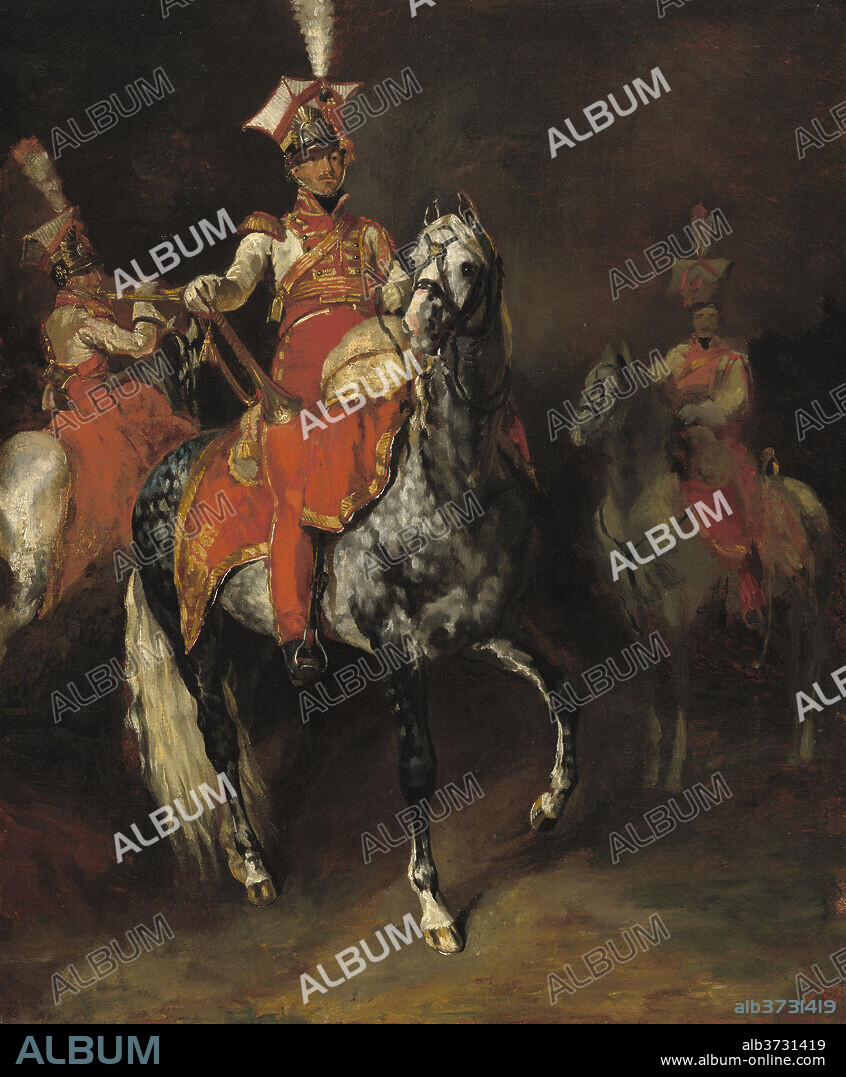 THéODORE GéRICAULT. Mounted Trumpeters of Napoleon's Imperial Guard. Dated: 1813/1814. Dimensions: overall: 60.4 x 49.6 cm (23 3/4 x 19 1/2 in.)  framed: 76.8 x 66 cm (30 1/4 x 26 in.). Medium: oil on canvas.