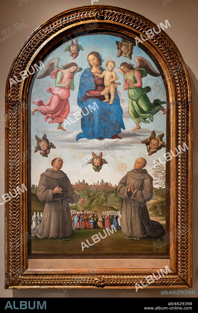 Perugia, National Gallery of Umbria: Banner of Justice (Madonna with Child and angels above, below saints Francis and Bernardino, in the background the city of Perugia with people and confreres), by Pietro di Cristoforo Vannucci, known as Perugino, around 1496, oil and tempera painting on canvas.