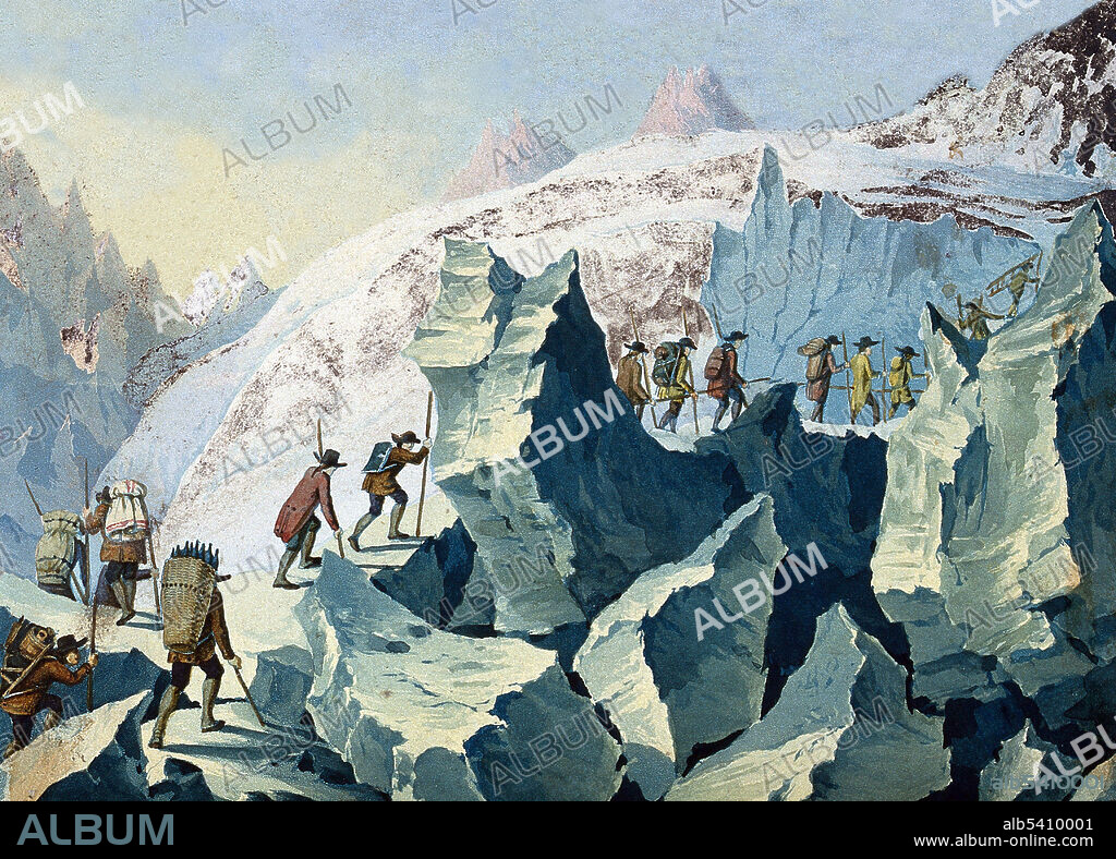 Horace Bénédict de Saussure and others ascending Mont Blanc. Horace-Bénédict de Saussure (February 17, 1740 - January 22, 1799) was a Genevan geologist, meteorologist, physicist, mountaineer and Alpine explorer, often called the founder of alpinism and modern meteorology. His early interest in botanical studies and glaciers led Saussure to undertake journeys across the Alps. In 1767, he completed his first tour of Mont-Blanc, a trip that did much to reveal the topography of the snowy portions of the Alps of Savoy. He also carried out experiments on heat and cold, on the weight of the atmosphere and on electricity and magnetism. For this, he devised what became one of the first electrometers. The Alps were the focus of Saussure's investigations. He saw them as the grand key to the true theory of the earth, and they gave him the opportunity to study geology in a manner never previously attempted. He closely examined the inclination of the strata, the nature of the rocks, the fossils and the minerals. All of Saussure's observations and experiments from seven Alpine journeys were summed up and published in four quarto volumes, under the general title of Voyages dans les Alpes (1779-96). He died in 1799 at the age of 58. Aquatint, not artist credited.