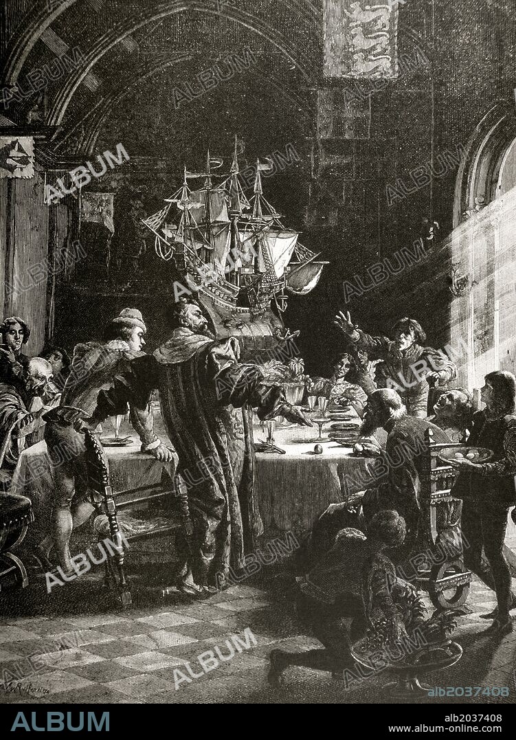 COLON, Cristóbal (1451-1506). Navegante y descubridor del Nuevo Mundo. "El huevo de Colón". Grabado por R. Jerigre, a partir del cuadro de Leon Reisseinstein. "La Ilustración Ibérica, 1885.