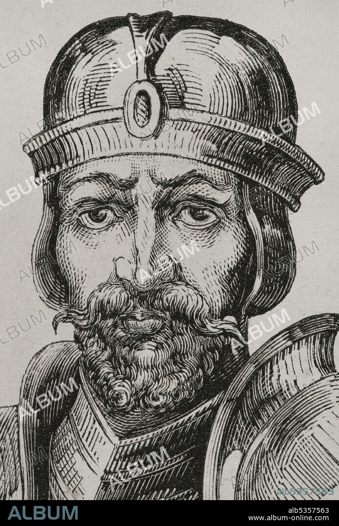 Don Rodrigo. Rey visigodo (710 a 711). Ultimo rey de los godos. Perdió el trono cuando la península fue invadida por los árabes, siendo derrotado en la Batalla de Guadalete. Retrato. Grabado. Las Glorias Nacionales. Tomo II, edición Madrid-Barcelona, 1853.