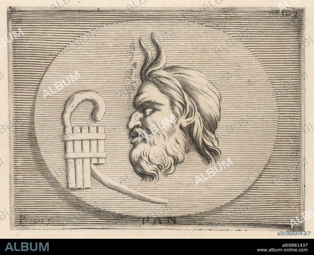 Head of the Greek god of the wild, Pan, with the syrinx or pan flute. Bust of a bearded male with goat's horns on his forehead. Carnelian gem. Pan con la siringa. Copperplate engraving by Etienne Picart after Giovanni Angelo Canini from Iconografia, cioe disegni d'imagini de famosissimi monarchi, regi, filososi, poeti ed oratori dell' Antichita, Drawings of images of famous monarchs, kings, philosophers, poets and orators of Antiquity, Ignatio deLazari, Rome, 1699.