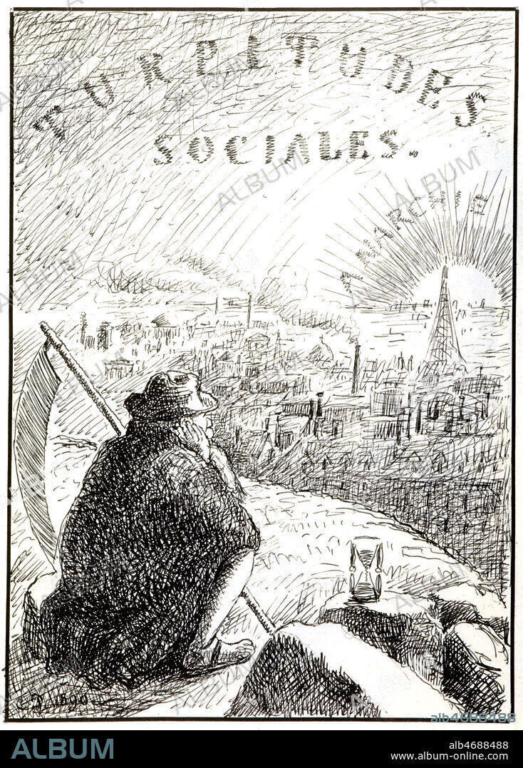 Frontispice de 'Turpitudes Sociales', Album de dessins inedits de 1890 par Camille PISSARO (1830-1903) d'apres 'La Revolte', journal de son ami anarchiste Jean GRAVE. Avec cet ensemble de dessins publies en 1890, Pissarro entend montrer " la guerre des maigres contre les gras, de la vie contre la mort" . Credit: Coll. DIXMIER/Kharbine-Tapabor.