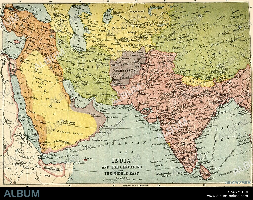 JOHN BARTHOLOMEW & SON. 'India and the Campaigns of the Middle East', First World War, 1914-1918, (c1920). Map showing British India coloured pink as part of the British Empire, Afghanistan, Persia, Asia Minor, Arabia, the Arabian Sea and the Bay of Bengal. From "The Great World War: A History", Volume V, edited by Frank A Mumby. [The Gresham Publishing Company Ltd, London, c1920].