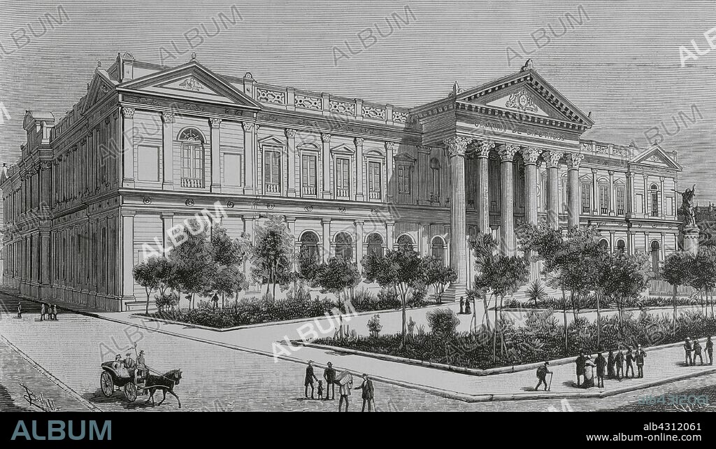 Chile. Santiago de Chile. Exterior del edificio del Congreso Nacional desde 1876 a 1973. Estilo neoclásico. Dibujo de Badillo. Grabado por Capuz. La Ilustración Española y Americana, 22 de julio de 1883.
