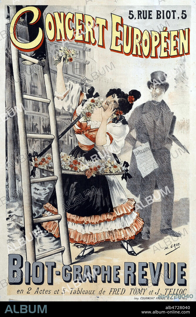 'Concert europeen. Biot-graphe revue'. Affiche publicitaire pour un spectacle, vers 1885. Illustration par H. GRAY (1858-1924) representant une marchande de fleurs. Credit : Collection IM/KHARBINE-TAPABOR.