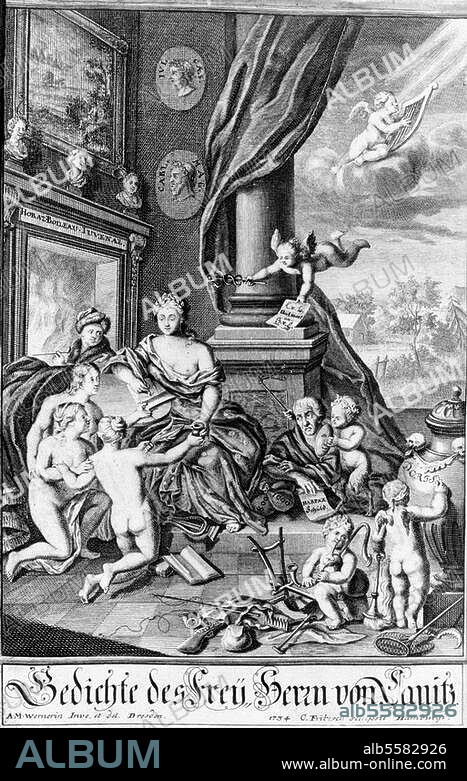 Canitz, Friedr. Rudolf Ludw., Frhr. von. preuß. Diplomat und Dichter; 1654-1699. "Die Canitzische teutsche Poesie". Kupferstich, 1734, von Christ. Fritzsch. (1695-1769) nach Zeichnung von Anna Maria Werner, geb. Haid (1688-1753). Frontispiz zu: Des Freyherrn von Canitz Gedichte, ed. J.U.König, 2. Aufl. Berlin u. Leipzig (Ambrosius Hauden) 1734. Berlin, Sammlung Archiv für Kunst und Geschichte.
