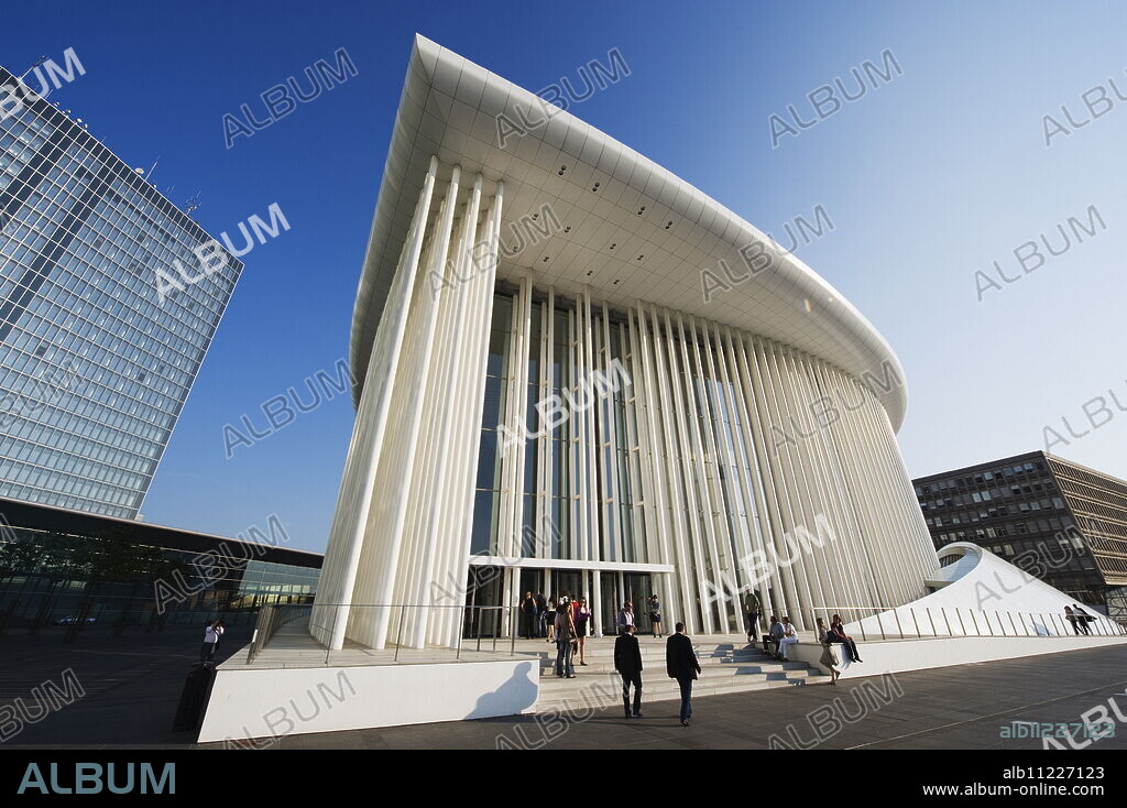 Philharmonie concert hall, modern architecture of the EU district on Kirchberg Plateau, Luxembourg City, Grand Duchy of Luxembourg, Europe.