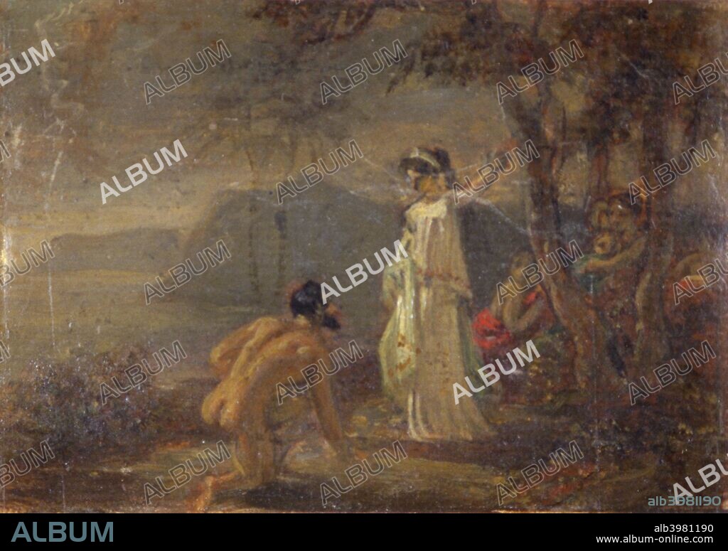 'Ulysses and Nausicaa', c1772-1845. Ulysses (or Odysseus) appearing to Nausicaa after his shipwreck. Nausicaa had been washing clothes in the river with her maids, who are shown hiding behind a tree, abashed by Ulysses' nakedness.