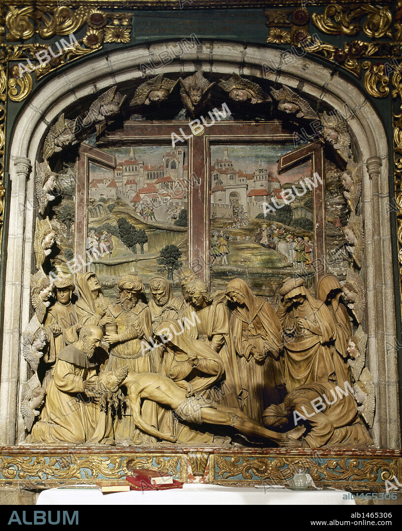 MIGUEL PERRIN (1498-1552). RENAISSANCE SCULPTOR OF FRENCH ORIGIN.. Spain, Galicia, Santiago de Compostela. Cathedral of Santiago. Mondragón Chapel or Chapel of Piety. Built between 1521 and 1526 by Jacome Garcia. Terracotta sculptural relief depicting the Lamentation over Dead of Christ, by Miguel Perrin (1498-1552) in 1526.