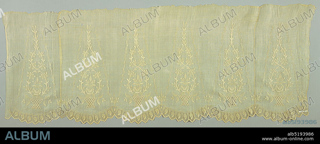 Textile, Medium: cotton on piña cloth (pineapple fiber) Technique: embroidered, Rectangular piece of fabric embroidered in a design of a plant in a basket alternating with leaf and scroll motif. One scalloped edge., Philippines, 19th century, embroidery & stitching, Textile.