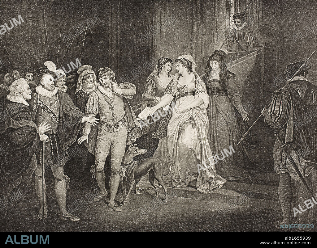 All´s Well That Ends Well. Act V. Scene III. Rousillon The Count´s Palace. King, Countess Lafeu, Bertram, Helena, Diana, Lords, Attendants and Widow. From The Boydell Shakespeare Gallery published late 19th century. After a painting by Francis Wheatley.