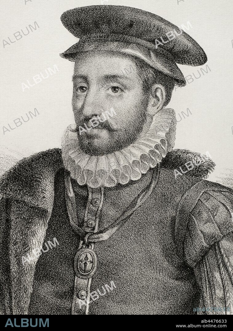 Luis de Requesens y Zúñiga (1528-1576). Militar, marino, diplomático y político español, gobernador del Estado de Milán (1572-1573) y de los Países Bajos (1573-1576). Dibujo por Llanta. Detalle. Litografía. Crónica General de España, Historia Ilustrada y Descriptiva de sus Provincias. Tomo Asturias, y León, 1867. Biblioteca Histórico Militar de Barcelona, Cataluña, España.