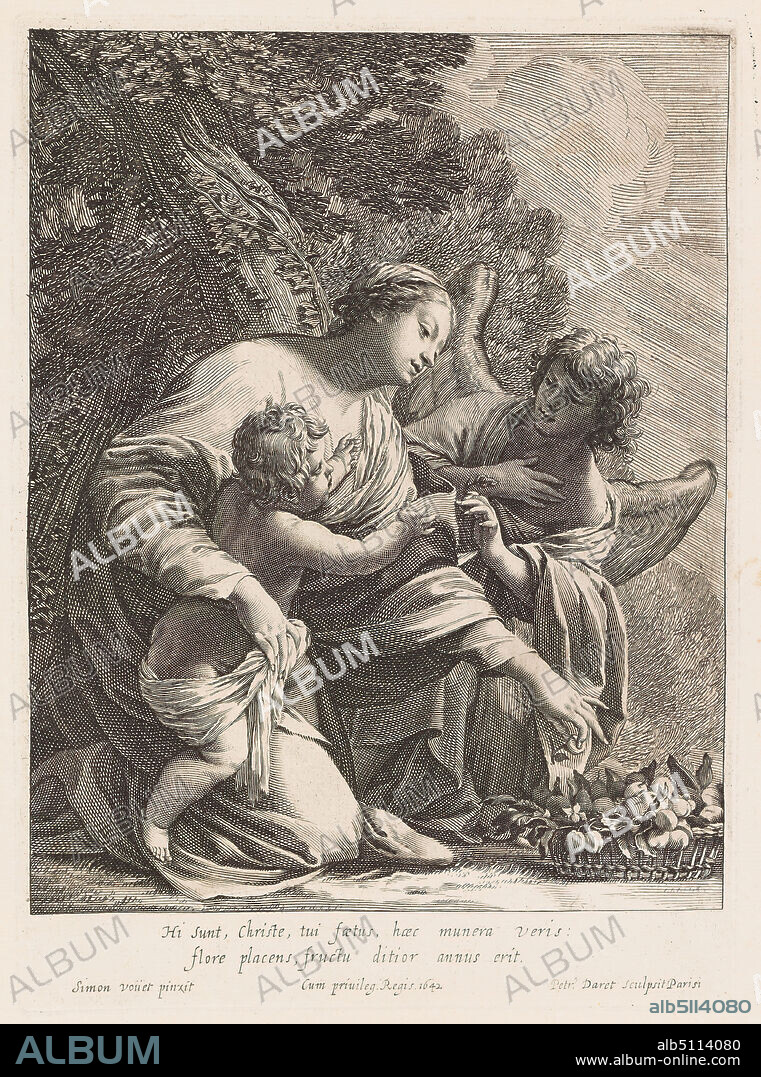 Engraver: Pierre Daret, French, 16041678, After: Simon Vouet, French, 15901649, Virgin and Child with an Angel, Engraving and etching, sheet: 33.1 × 25.6 cm (13 1/16 × 10 1/16 in.), Made in France, French, 17th century, Works on Paper - Prints.