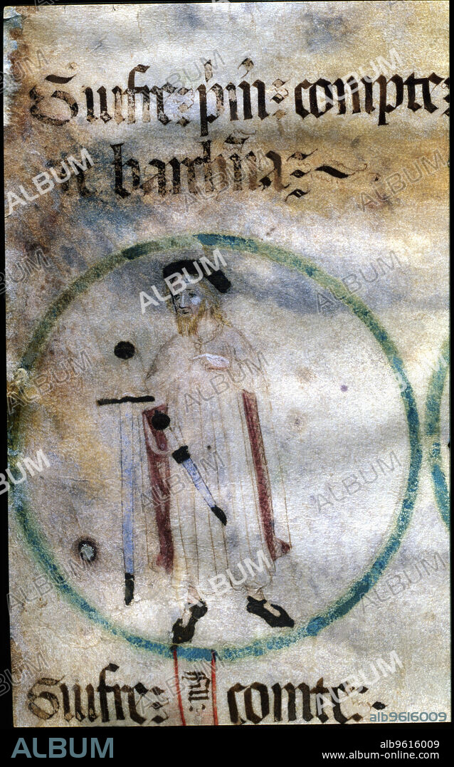 Wilfred the Hairy (Guifré 'El Pilós') (840-897, Count of Cerdanya, Urgell, Barcelona, Girona and Besalú, miniature of the 15th century parchment 'Genealogy of the Kings of Aragon and Counts of Barcelona', preserved in the archives of the Poblet Abbey.