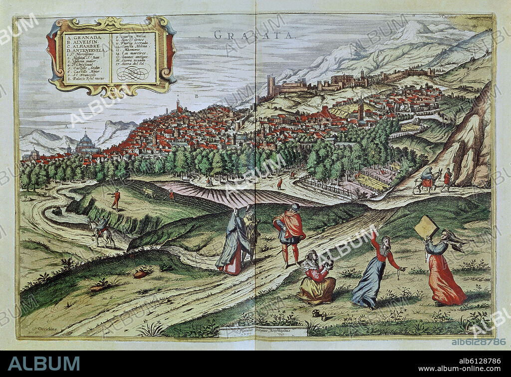 GEORG BRAUN 1541-1622 / FRANS HOGENBERG. CIVITATES ORBIS TERRARUM - VISTA DE GRANADA - GRABADO - 1565.