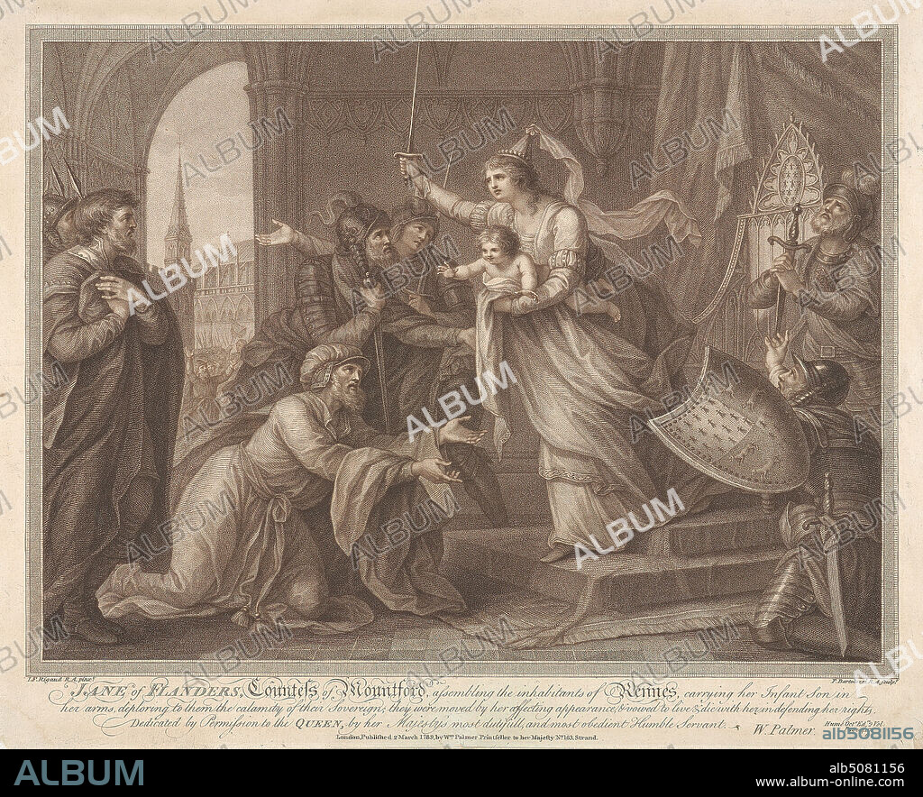 Jane of Flanders, Countess of Mountford assembling the Inhabitants of Rennes, Francesco Bartolozzi RA, 17281815, Italian, active in Britain (176499), after John Francis Rigaud, 17421810, French, active in Britain (from 1771), 1789, Engraving.