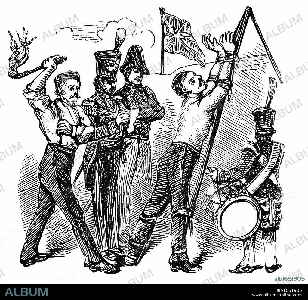 Military discipline: British soldier, tied to the Triangle, being flogged with Cat-O-Nine-Tails. In 1867 Parliament abolished flogging in the armed services. Wood engraving 19th century.