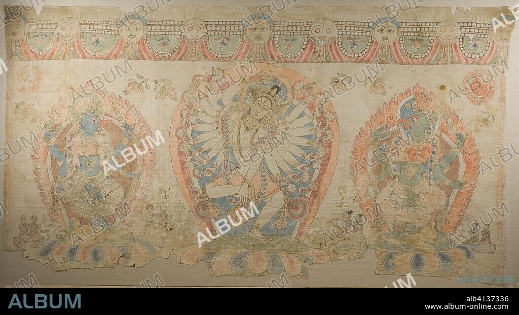 Tantric Temple Banner of a Dancing Goddess Flanked by Dakinis. Nepal. Date: 1601-1700. Dimensions: 124.5 x 231.1 cm (49 x 91 in.). Pigment and black ink on cloth. Origin: Nepal.