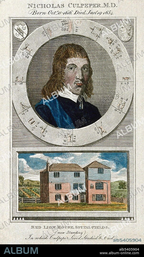 Nicholas Culpeper (October 18, 1616 - January 10, 1654) was an English botanist, herbalist, physician, and astrologer. His published books includes The English Physitian (1652), The Complete Herbal (1653), which contains a rich store of pharmaceutical and herbal knowledge, and Astrological Judgement of Diseases from the Decumbiture of the Sick (1655), which is one of the most detailed documents known on the practice of medical astrology. Culpeper believed medicine was a public asset rather than a commercial secret, and the prices physicians charged were far too expensive compared to the cheap and universal availability of nature's medicine. He felt the use of Latin and expensive fees charged by doctors, lawyers and priests worked to keep power and freedom from the general public. Culpeper attempted to make medical treatments more accessible to laypersons by educating them about maintaining their health. Culpeper was a radical in his time, angering his fellow physicians by condemning their greed, unwillingness to stray from Galen and their use of harmful practices such as toxic remedies and bloodletting. He died of tuberculosis in 1654 at the age of 37. No artist credited, 1802.