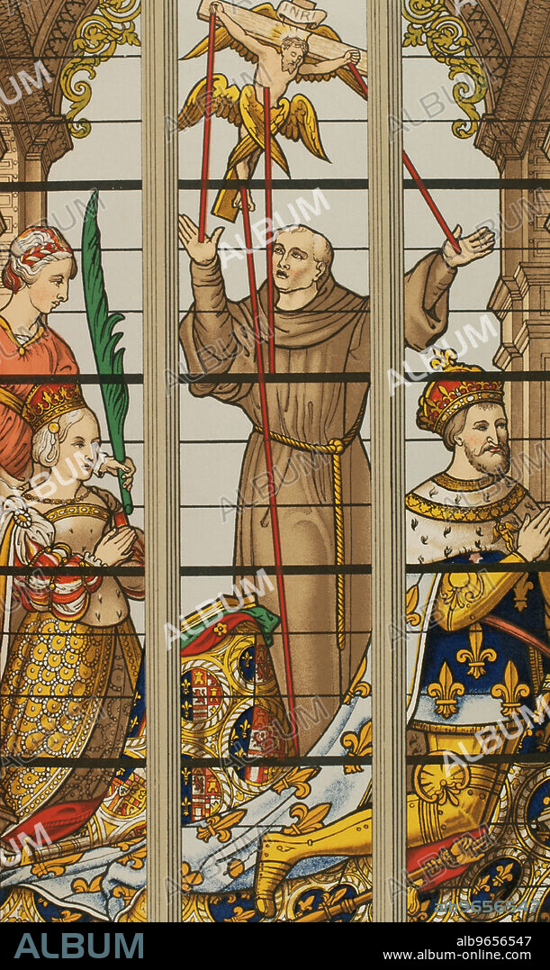 FRANZ KELLERHOVEN (1814-1872). GERMAN LITHOGRAPHER.. King Francis I of France (1494-1547) and his wife Eleanor of Austria (1498-1558) prayerfully. Chromolithograph by Franz Kellerhoven after a detail of a stained glass window in the church of St. Gudula, Brussels. "Les Arts au Moyen Age et a l'Epoque de la Renaissance", by Paul Lacroix. Paris, 1877.