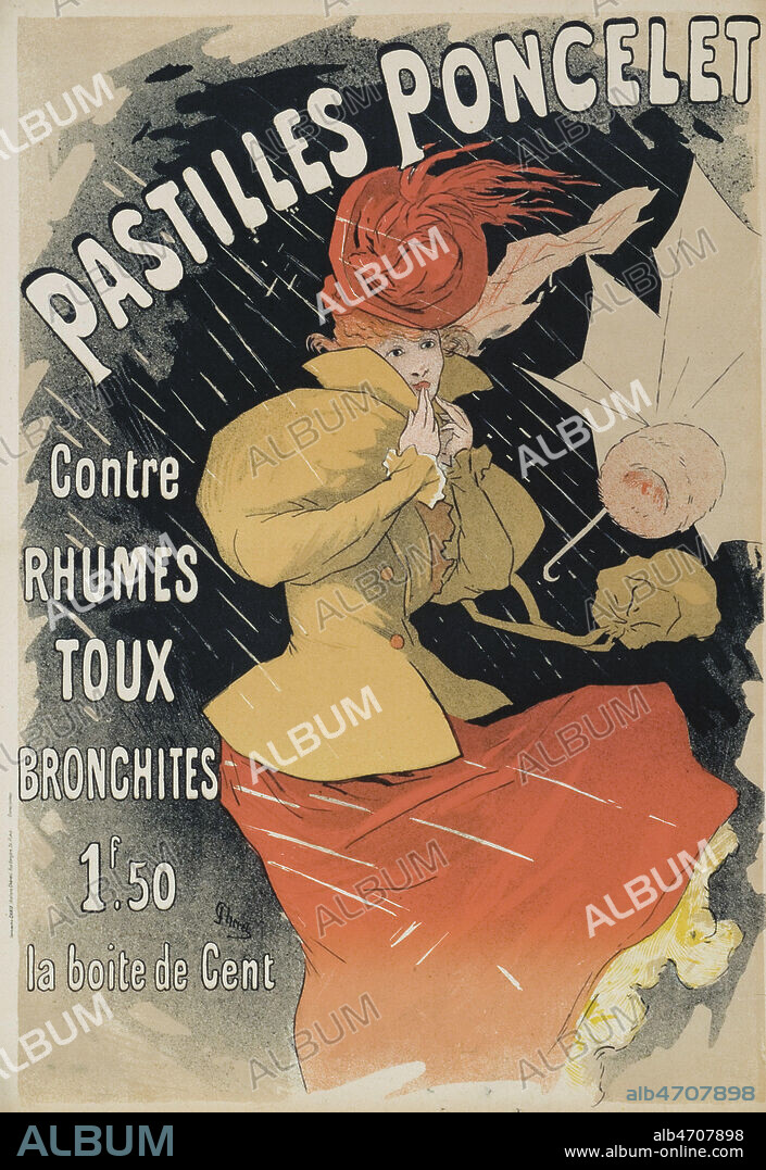'Pastilles Poncelet, contre rhumes, toux, bronchites'. Affiche publicitaire pour un medicament vers 1890. Illustration par CHERET (1836-1932) representant une femme sous une pluie battante. Credit : Collection IM/KHARBINE-TAPABOR.