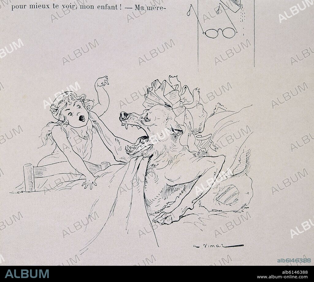 CAPERUCITA ROJA - EL LOBO ATACANDO A CAPERUCITA - DIBUJO PARA EL CUENTO DE PERRAULT.