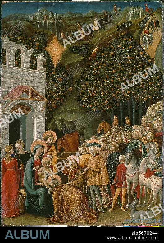Meister der Stratonike-Hochzeit tätig um 1475/90. "Die Anbetung der Heiligen Drei Könige", um 1475. Tafelbild. Altenburg, Lindenau-Museum.