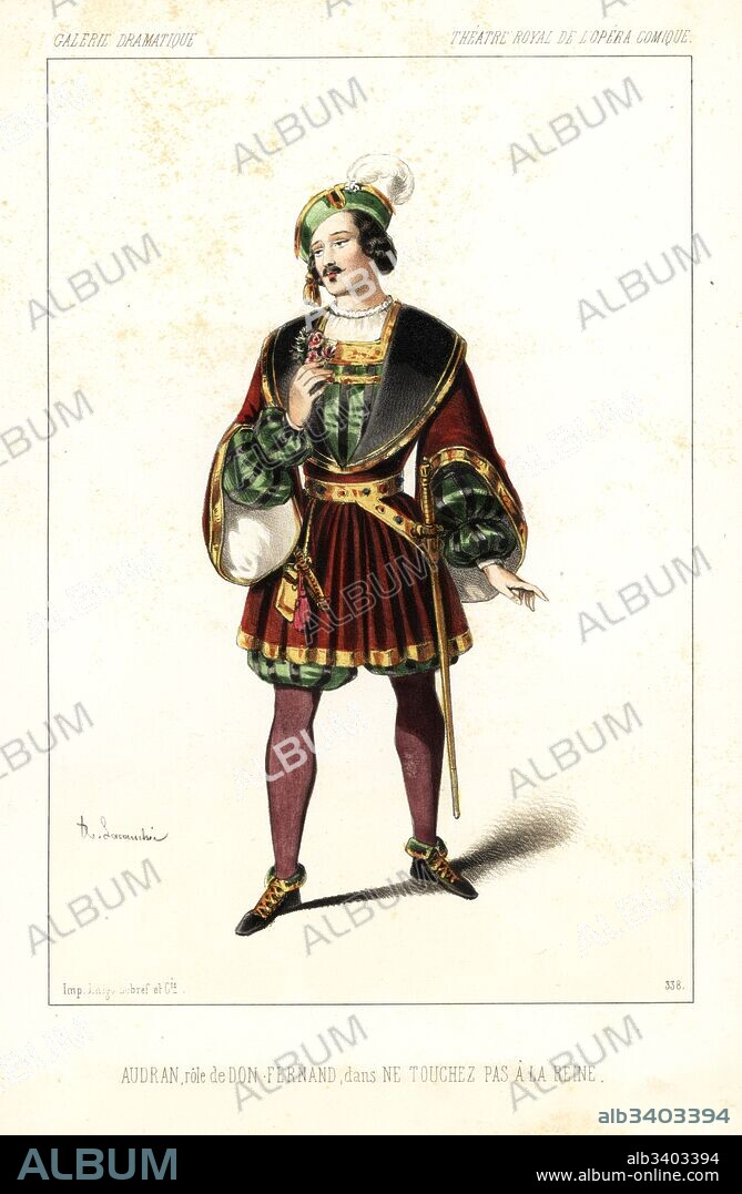 Singer and author Marius-Pierre Audran as Don Fernand in Ne Touchez pas a la Reine by Xavier Boisselot, Theatre Royal de l'Opera Comique, 1846. Handcoloured lithograph after an illustration by Alexandre Lacauchie from Victor Dollet's Galerie Dramatique: Costumes des Theatres de Paris, Paris, 1846.